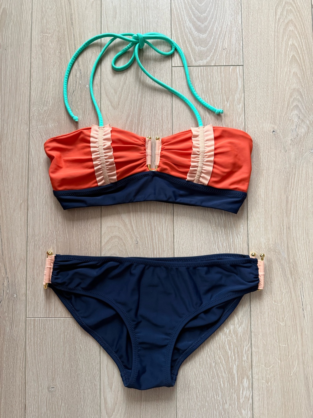Lauren Moffatt Colorblock Bandeau Bikini Set - Orange, Navy & Teal Size Small